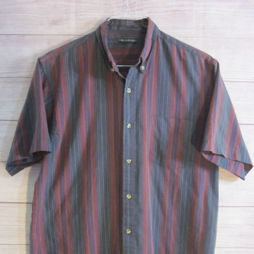 Vintage Hill and Archer Short Sleeve Shirt Size Medium Strip Black Blue